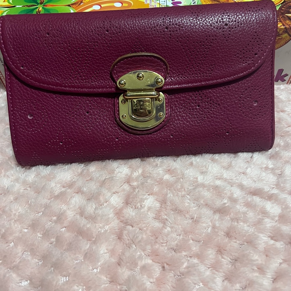 Louis Vuitton Magenta Pebbled Leather Card Case with Embossed Logo